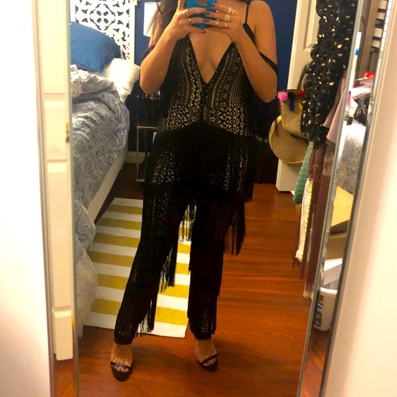 Black fitted fringe and crochet overlay jumpsuit - Picture 6 of 6